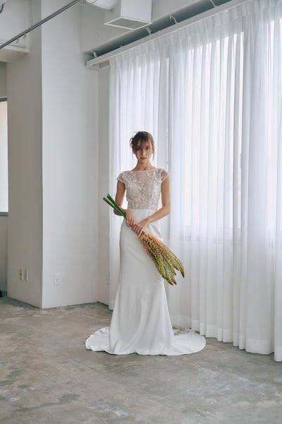 フレンチスリーブ 刺繍 ドッキングドレス(W324)