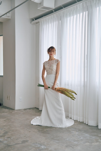 フレンチスリーブ 刺繍 ドッキングドレス(W324)