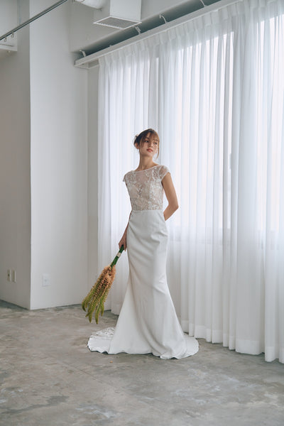 フレンチスリーブ 刺繍 ドッキングドレス(W324)