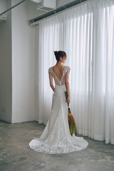 フレンチスリーブ 刺繍 ドッキングドレス(W324)