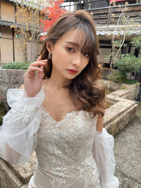 ボリューム袖 ベアトップ 総レースドレス(W251)