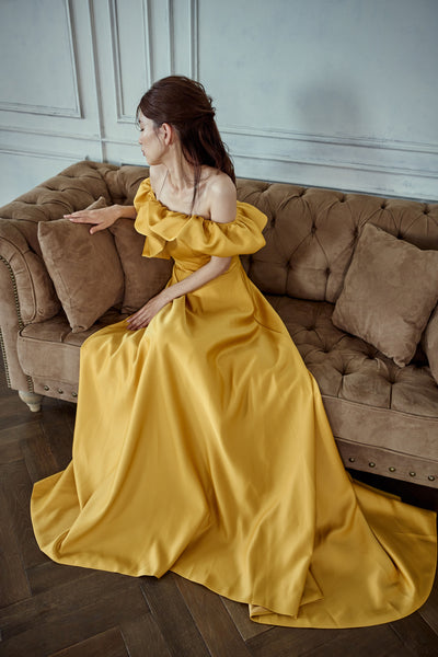 オフショルダー Aラインドレス マスタード(W274MU)