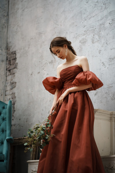 オーガンジーサテン パフスリーブドレス ボルドー(W260BO)