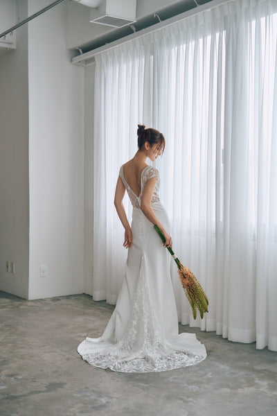 フレンチスリーブ 刺繍 ドッキングドレス(W324)