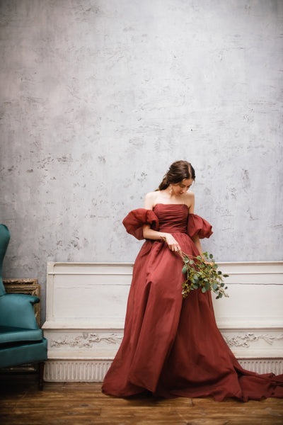 オーガンジーサテン パフスリーブドレス ボルドー(W260BO)