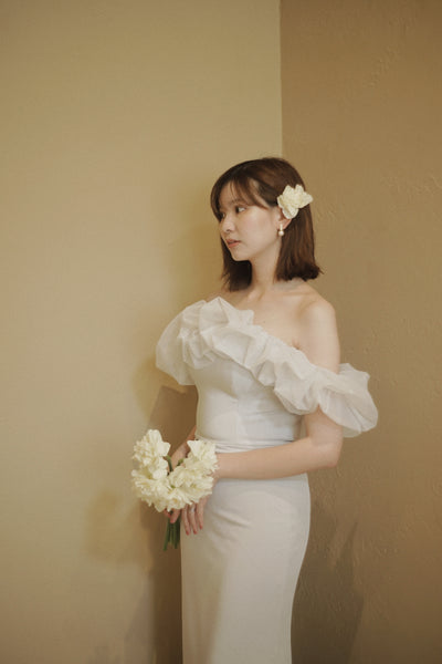 チュールショルダー ソフトマーメイドドレス ブルーグレー(W341BG)