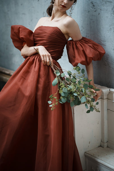 オーガンジーサテン パフスリーブドレス ボルドー(W260BO)