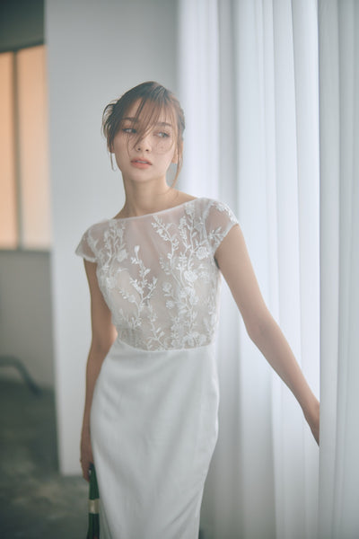 フレンチスリーブ 刺繍 ドッキングドレス(W324)