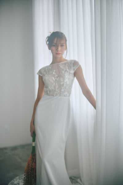 フレンチスリーブ 刺繍 ドッキングドレス(W324)