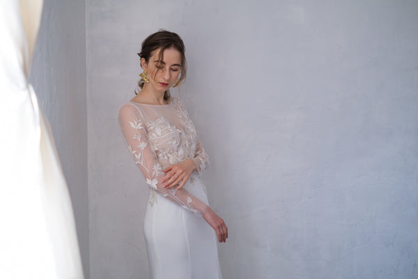 刺繍レース ロングスリーブ バックV ソフトマーメイドドレス(W249)