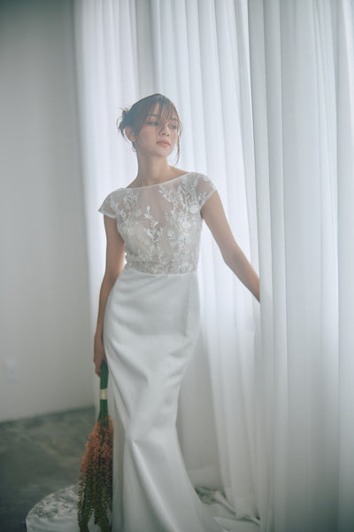 フレンチスリーブ 刺繍 ドッキングドレス(W324)