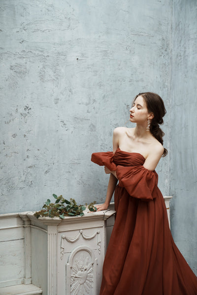 オーガンジーサテン パフスリーブドレス ボルドー(W260BO)