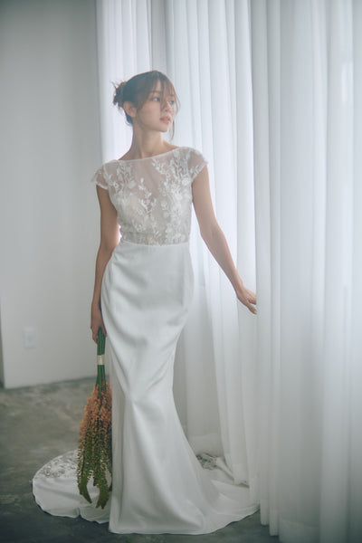 フレンチスリーブ 刺繍 ドッキングドレス(W324)