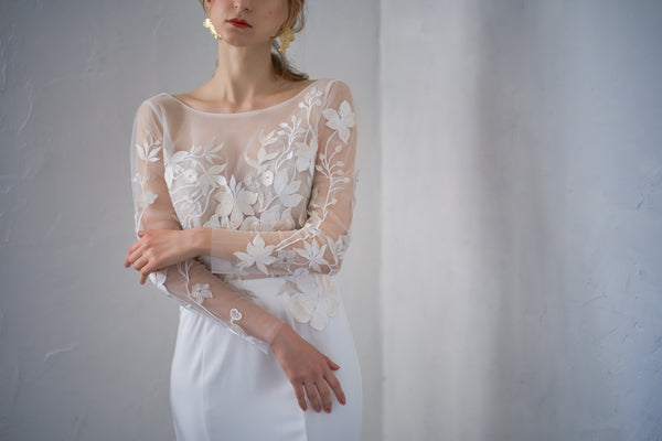 刺繍レース ロングスリーブ バックV ソフトマーメイドドレス(W249)