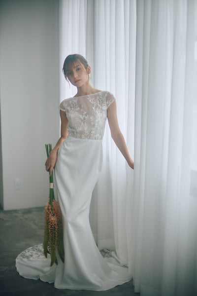 フレンチスリーブ 刺繍 ドッキングドレス(W324)