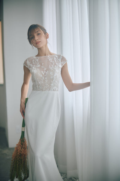 フレンチスリーブ 刺繍 ドッキングドレス(W324)