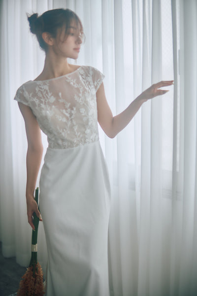 フレンチスリーブ 刺繍 ドッキングドレス(W324)