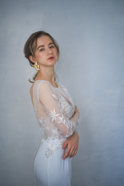 刺繍レース ロングスリーブ バックV ソフトマーメイドドレス(W249)