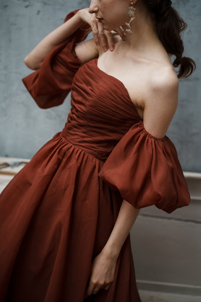 オーガンジーサテン パフスリーブドレス ボルドー(W260BO)