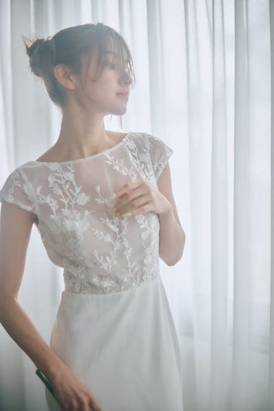 フレンチスリーブ 刺繍 ドッキングドレス(W324)