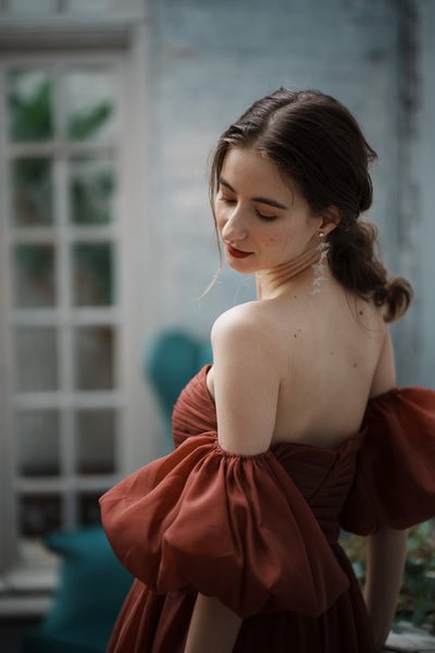 オーガンジーサテン パフスリーブドレス ボルドー(W260BO)