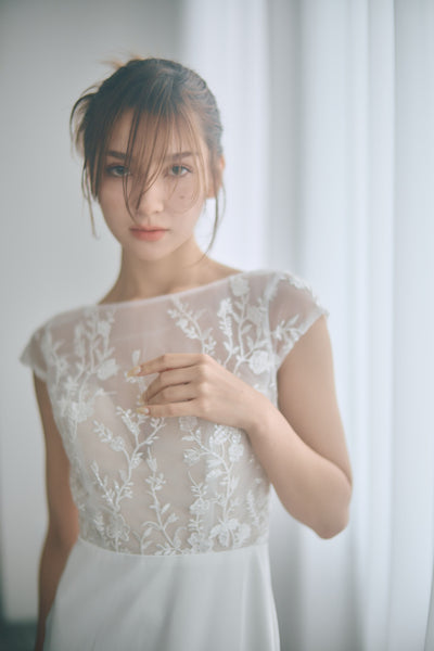 フレンチスリーブ 刺繍 ドッキングドレス(W324)