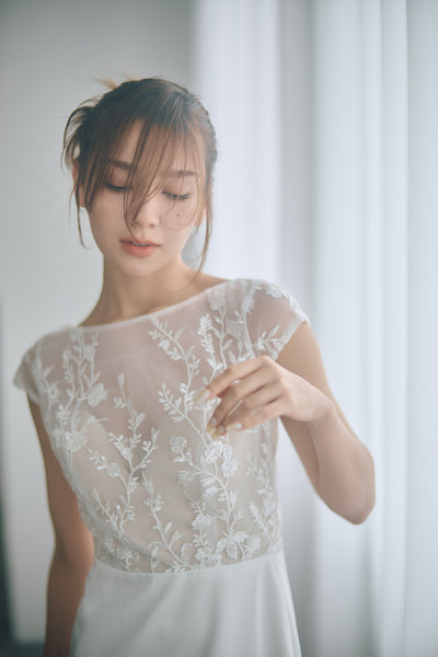 フレンチスリーブ 刺繍 ドッキングドレス(W324)