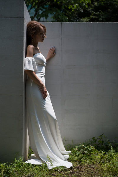 オフショルダー ボリューム袖 サテン ソフトマーメイドドレス(W225)