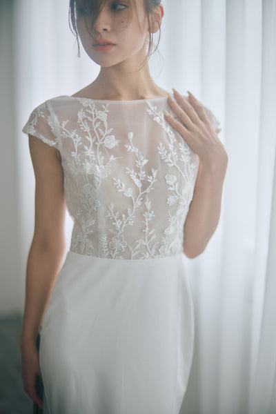 フレンチスリーブ 刺繍 ドッキングドレス(W324)