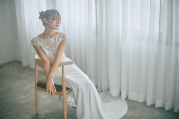 フレンチスリーブ 刺繍 ドッキングドレス(W324)