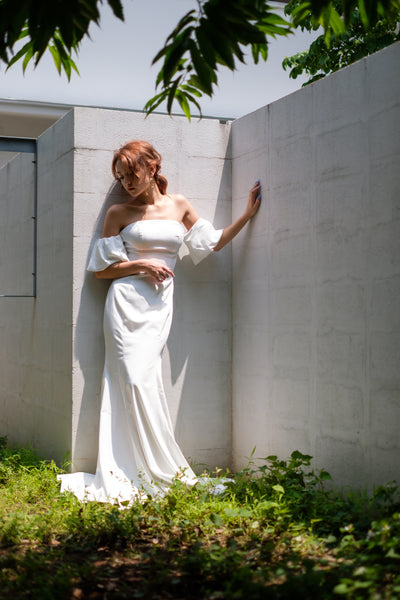 オフショルダー ボリューム袖 サテン ソフトマーメイドドレス(W225)