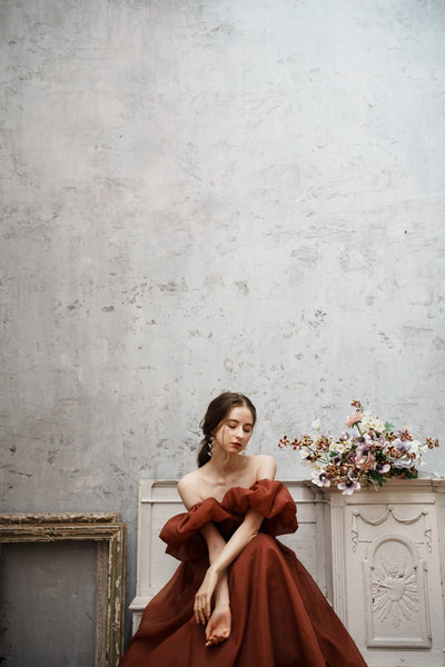 オーガンジーサテン パフスリーブドレス ボルドー(W260BO)