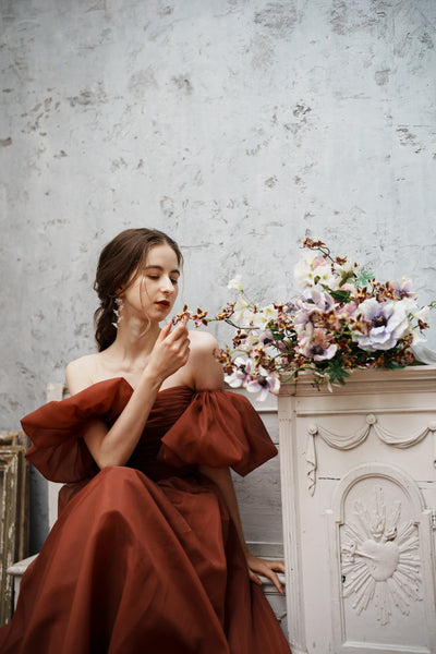 オーガンジーサテン パフスリーブドレス ボルドー(W260BO)