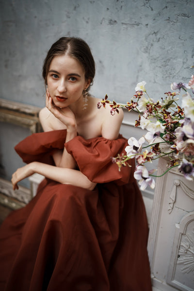 オーガンジーサテン パフスリーブドレス ボルドー(W260BO)