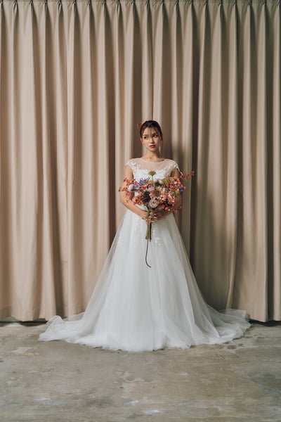 フレンチスリーブ 刺繍 Aラインドレス(W315)