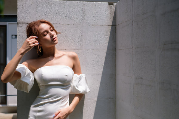 オフショルダー ボリューム袖 サテン ソフトマーメイドドレス(W225)