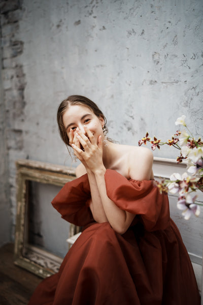 オーガンジーサテン パフスリーブドレス ボルドー(W260BO)