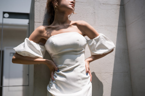 オフショルダー ボリューム袖 サテン ソフトマーメイドドレス(W225)