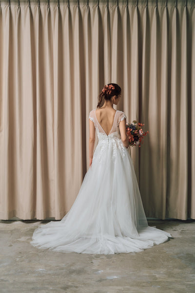 フレンチスリーブ 刺繍 Aラインドレス(W315)