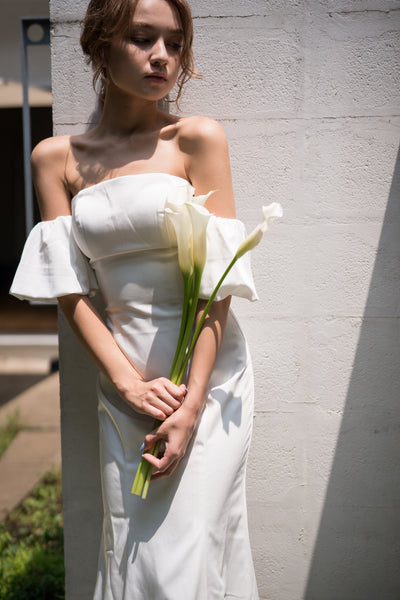 オフショルダー ボリューム袖 サテン ソフトマーメイドドレス(W225)