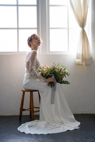 刺繍レース ロングスリーブ バックV ソフトマーメイドドレス(W249)