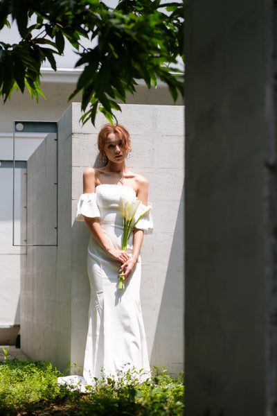 オフショルダー ボリューム袖 サテン ソフトマーメイドドレス(W225)