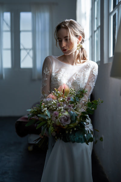 刺繍レース ロングスリーブ バックV ソフトマーメイドドレス(W249)