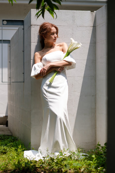 オフショルダー ボリューム袖 サテン ソフトマーメイドドレス(W225)