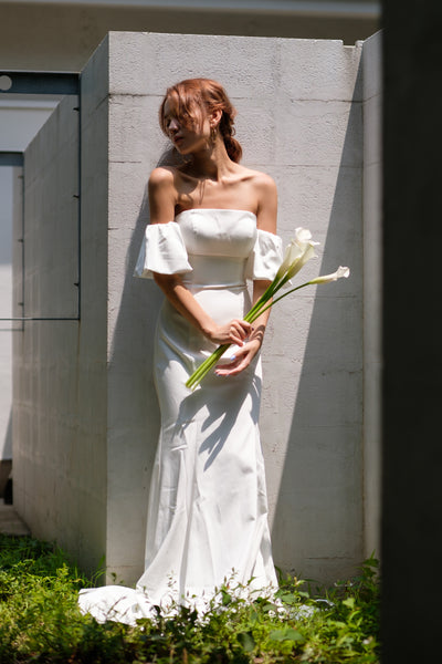 オフショルダー ボリューム袖 サテン ソフトマーメイドドレス(W225)