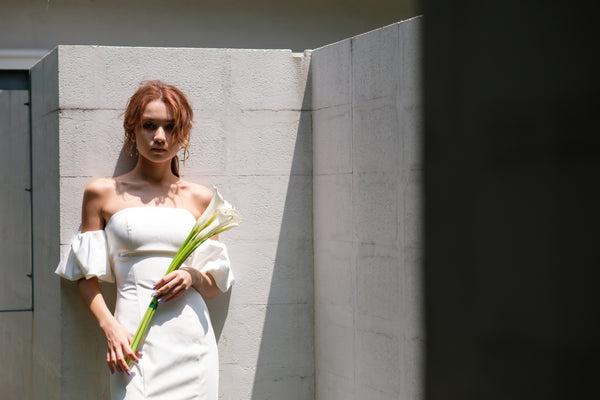 オフショルダー ボリューム袖 サテン ソフトマーメイドドレス(W225)