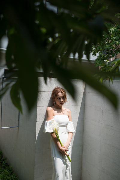 オフショルダー ボリューム袖 サテン ソフトマーメイドドレス(W225)