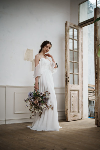 オフショルダー バックリボン シフォンドレス(W199)