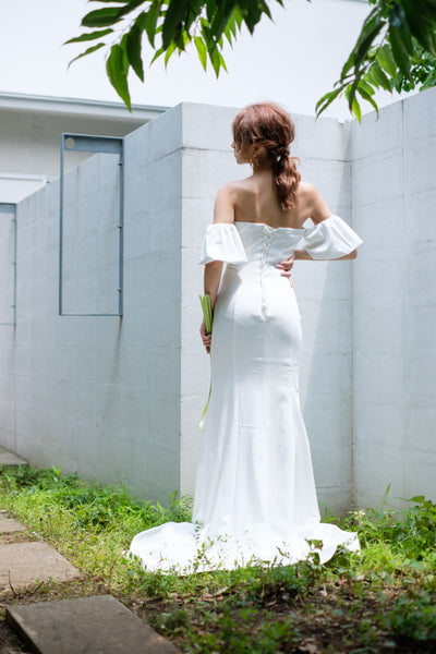 オフショルダー ボリューム袖 サテン ソフトマーメイドドレス(W225)