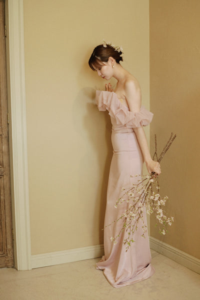 チュールショルダー ソフトマーメイドドレス ダスティピンク(W341DP)